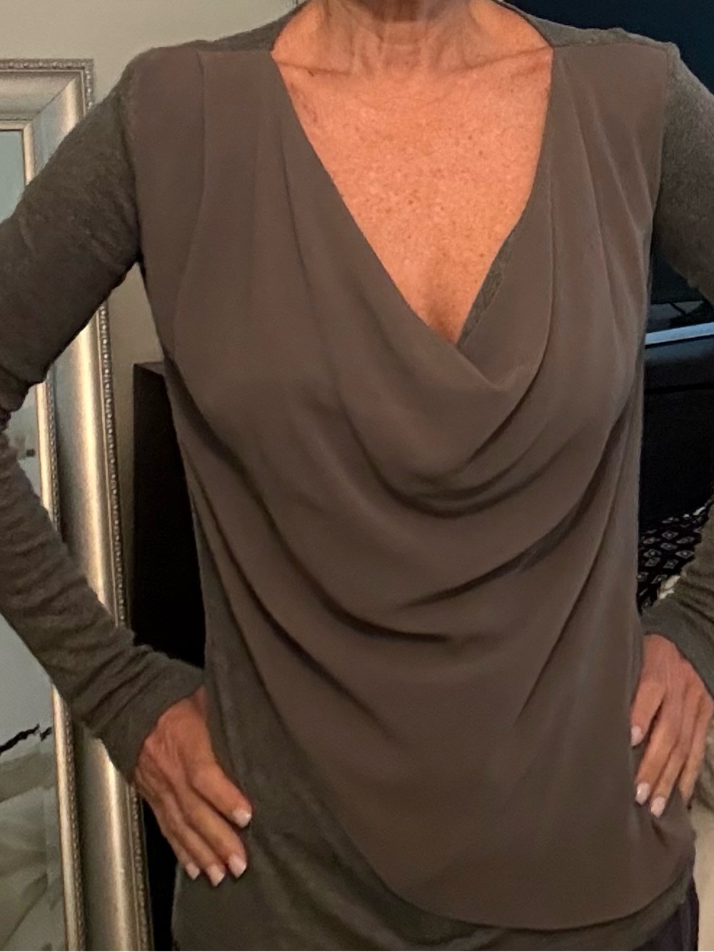 Velvet Draped V-Neck Long Sleeve Top - gray